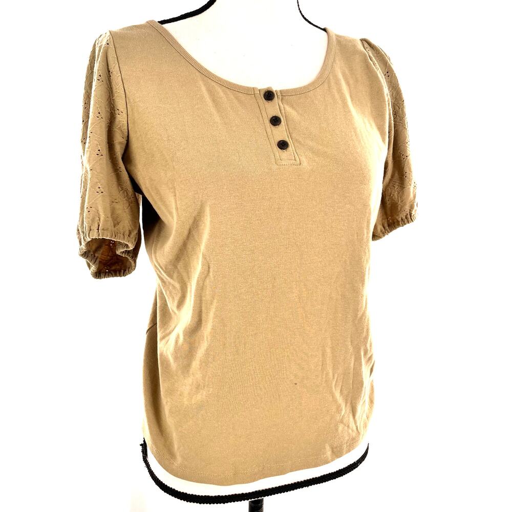 women's Madewell eyelet puff sleeve tan henley tee shirt scoop neck large khaki